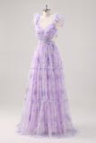 Lavender Cut Out Floral A Line Floor Length Bridesmaid Dress