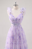 Lavender Cut Out Floral A Line Floor Length Bridesmaid Dress