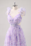 Lavender Cut Out Floral A Line Floor Length Bridesmaid Dress