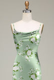 Green Flower Cowl Neck Sheath Satin Floral Bridesmaid Dress