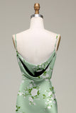 Green Flower Cowl Neck Sheath Satin Floral Bridesmaid Dress