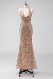 Sparkly Champagne Halter Sequined Mermaid Formal Dress