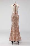 Sparkly Champagne Halter Sequined Mermaid Formal Dress