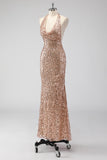 Sparkly Champagne Halter Sequined Mermaid Formal Dress