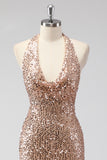 Sparkly Champagne Halter Sequined Mermaid Formal Dress