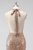 Sparkly Champagne Halter Sequined Mermaid Formal Dress