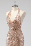 Sparkly Champagne Halter Sequined Mermaid Formal Dress