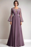 Taro Purple Chiffon Pleated Mother of the Bride Dress with Flare Sleeves