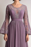 Taro Purple Chiffon Pleated Mother of the Bride Dress with Flare Sleeves