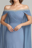 Off the Shoulder Grey Blue Chiffon Sheath Mother of the Bride Dress with Cape