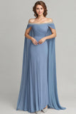 Off the Shoulder Grey Blue Chiffon Sheath Mother of the Bride Dress with Cape