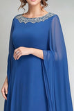 Blue Chiffon Sheath Mother of the Bride Dress with Cape