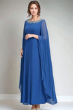 Blue Chiffon Sheath Mother of the Bride Dress with Cape