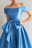 Blue Satin A-Line Off the Shoulder Mother of the Bride Dress with Bow