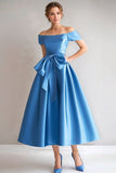 Blue Satin A-Line Off the Shoulder Mother of the Bride Dress with Bow