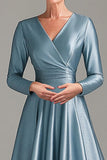 A-Line Grey Blue V-Neck Satin Pleated Mother of the Bride Dress