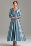 A-Line Grey Blue V-Neck Satin Pleated Mother of the Bride Dress