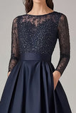 Navy A-Line Lace Overlay Mother of the Bride Dress with Pockets