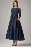 Navy A-Line Lace Overlay Mother of the Bride Dress with Pockets