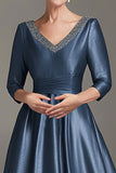 Dark Blue Satin Beaded 3/4 Sleeves A-Line Mother of the Bride Dress