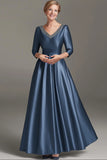 Dark Blue Satin Beaded 3/4 Sleeves A-Line Mother of the Bride Dress