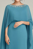 Blue Sheath Chiffon Ruffled Mother of the Bride Dress with Wrap