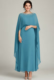 Blue Sheath Chiffon Ruffled Mother of the Bride Dress with Wrap