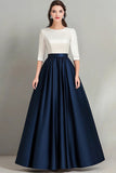 White and Navy Satin A-Line Half Sleeves Mother of the Bride Dress