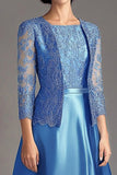 Blue Satin A-Line Mother of the Bride Dress with Lace Fitted Jacket