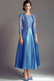 Blue Satin A-Line Mother of the Bride Dress with Lace Fitted Jacket