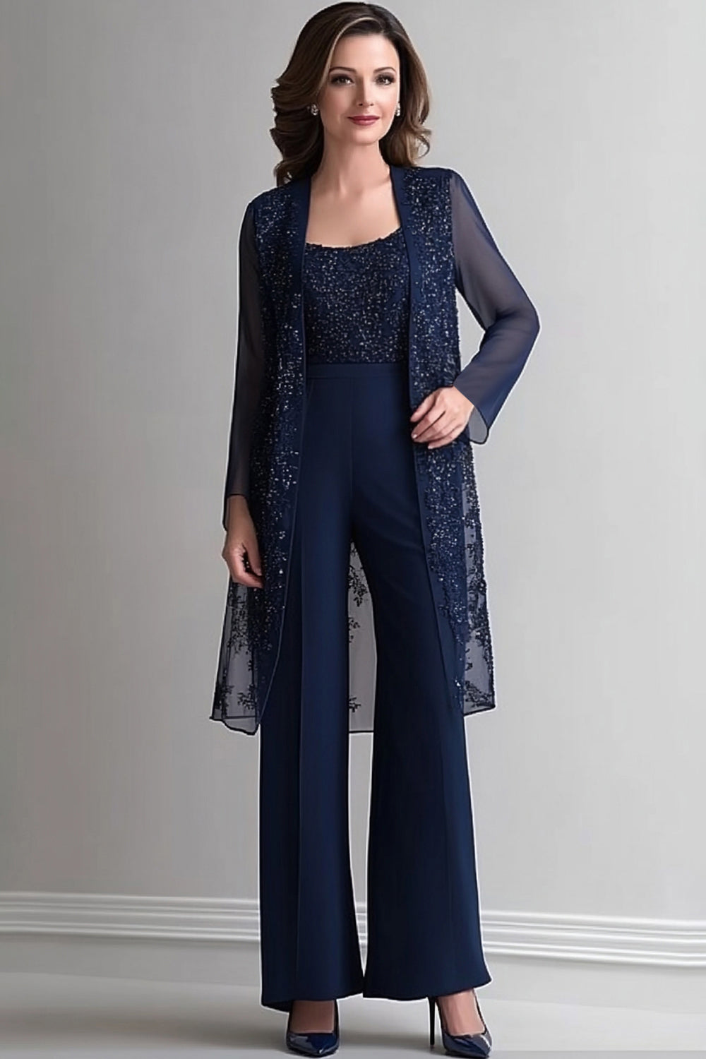 Navy Chiffon Mother of the Bride Jumpsuit with Midi Sequined Jacket