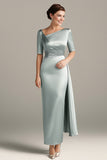 Silver Grey Sheath Satin Mother of the Bride Dress with Slit