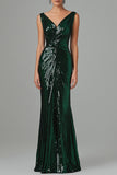 Dark Green V-Neck Sequined Sheath Maxi Formal Dress