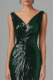 Dark Green V-Neck Sequined Sheath Maxi Formal Dress