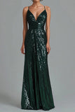 Dark Green Spaghetti Straps V-Neck Sequined Maxi Formal Dress