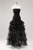 Black Strapless Tulle Tiered Ruffles Formal Dress