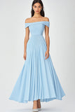 Off  the Shoulder Sky Blue A Line Ruched Chiffon Formal Dress