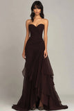 Leely Women Dark Brown Sweetheart Ruffled Formal Dress Ruched Strapless Mermaid Evening Dress Black Tie Dress