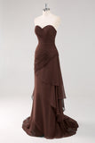 Strapless Dark Brown Sweetheart Ruched Sheath Formal Dress