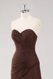 Strapless Dark Brown Sweetheart Ruched Sheath Formal Dress