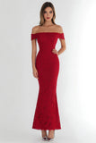 Red Lace Off the Shoulder Formal Dress