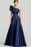 A-Line Satin Navy One Shoulder Formal Dress