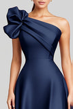 A-Line Satin Navy One Shoulder Formal Dress