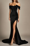 Black Off the Shoulder Mermaid Floor Length Formal Dress with Slit