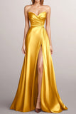 Strapless Satin Yellow A-Line Formal Dress with Slit