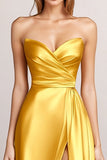 Strapless Satin Yellow A-Line Formal Dress with Slit