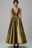 Dark Gold Metallic V-Neck Pleated A-Line Formal Dress