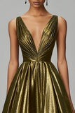 Dark Gold Metallic V-Neck Pleated A-Line Formal Dress