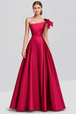 Fuchsia Ball Gown One shoulder Satin Formal Dress with Bow