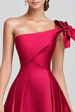 Fuchsia Ball Gown One shoulder Satin Formal Dress with Bow